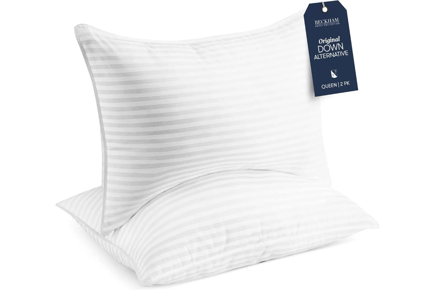 Beckham Hotel Collection Original Down Alternative bed pillows Queen size 2-pack with navy blue tag, white striped texture.