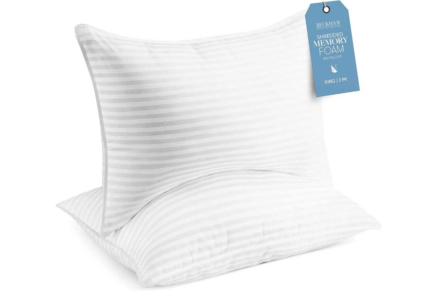 Beckham Hotel Collection Shredded Memory Foam bed pillows King size 2-pack with light blue tag, adjustable loft.