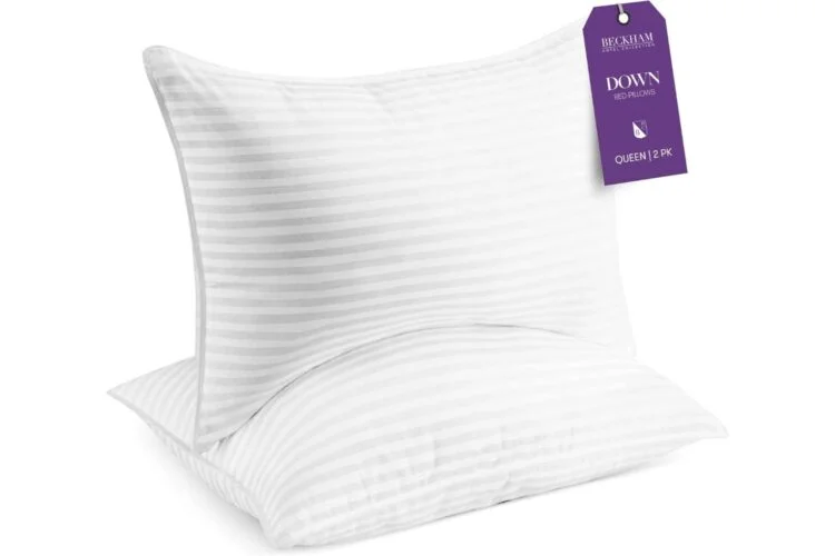 Beckham Hotel Collection Down Bed Pillows Queen size 2-pack with purple tag, featuring white and grey striped fabric.