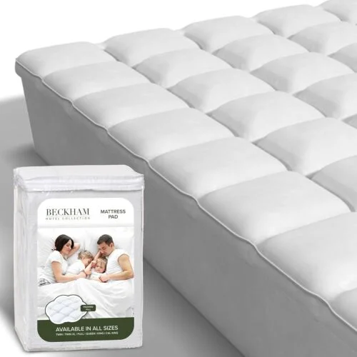 Beckham Hotel Collection Mattress Pad packaging and close-up view of the white quilted mattress protector on a bed.