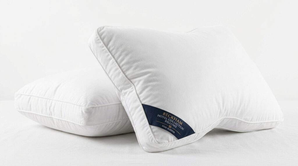 Beckham Hotel Collection Side Sleeper pillows with navy blue label, two white pillows stacked showing ergonomic design and firm support for side sleeping position and neck alignment.