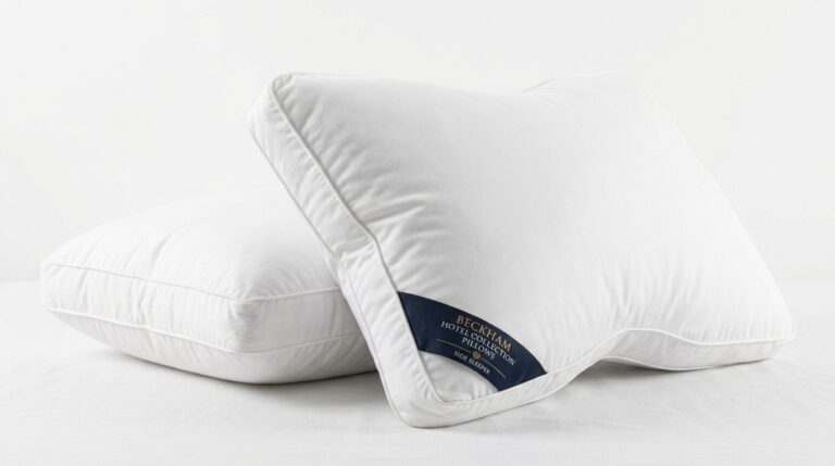 Beckham Hotel Collection Side Sleeper pillows with navy blue label, two white pillows stacked showing ergonomic design and firm support for side sleeping position and neck alignment.