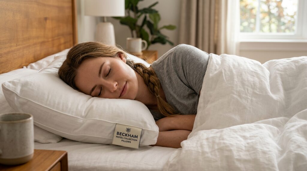 Woman peacefully sleeping on her side using Beckham Hotel Collection Pillow, showing proper neck alignment and comfortable support