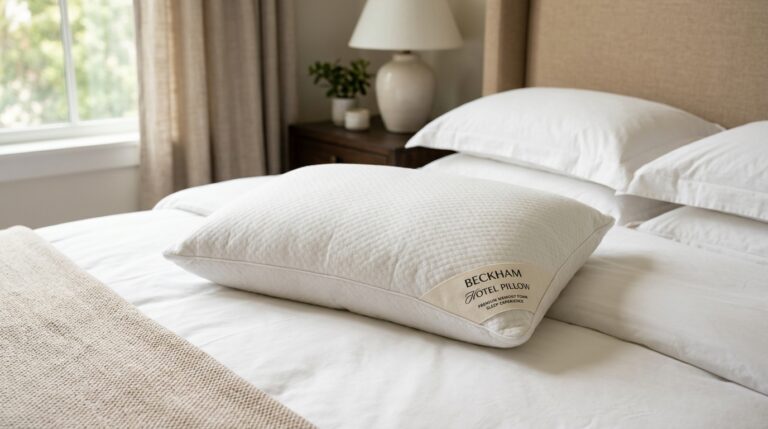Beckham Hotel Pillow premium memory foam pillow with white quilted cover displayed on a made bed with beige headboard and natural lighting in bedroom setting.