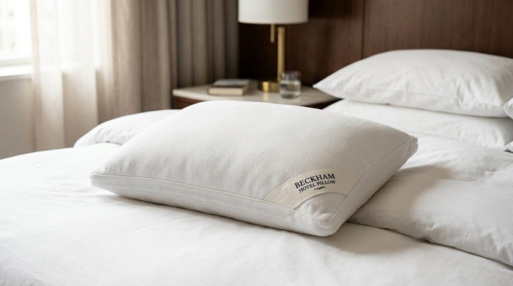  Beckham Hotel memory foam pillow with white textured breathable cover displayed on bed with dark wood headboard and modern bedside lamp in bedroom.
