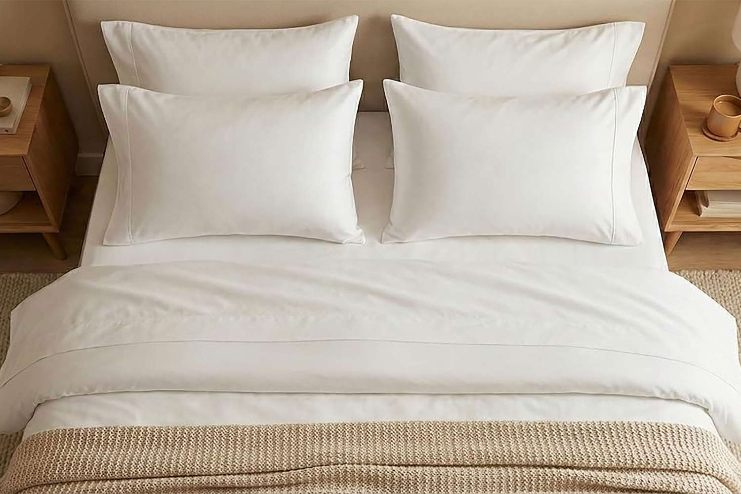 Top down view of a neatly made bed featuring four plush white Beckham Hotel Collection pillows, white duvet, and beige knit throw blanket.