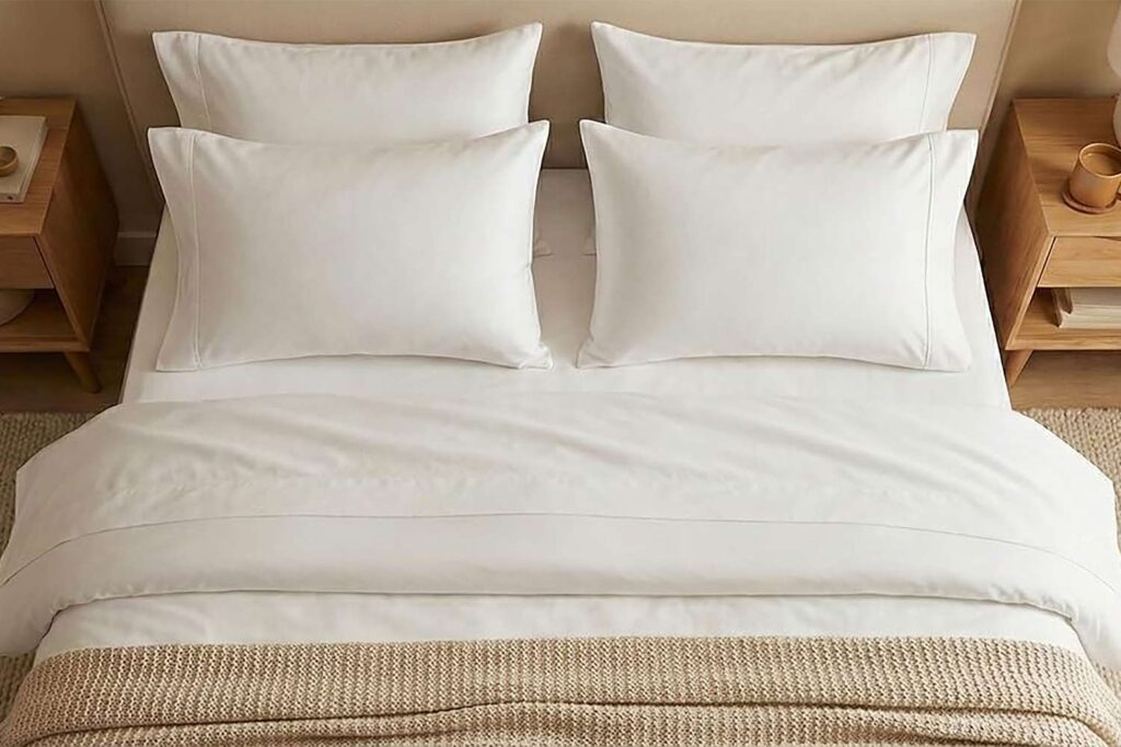 Top-down view of a neatly made bed featuring four plush white Beckham Hotel Collection pillows, white duvet, and beige knit throw blanket.