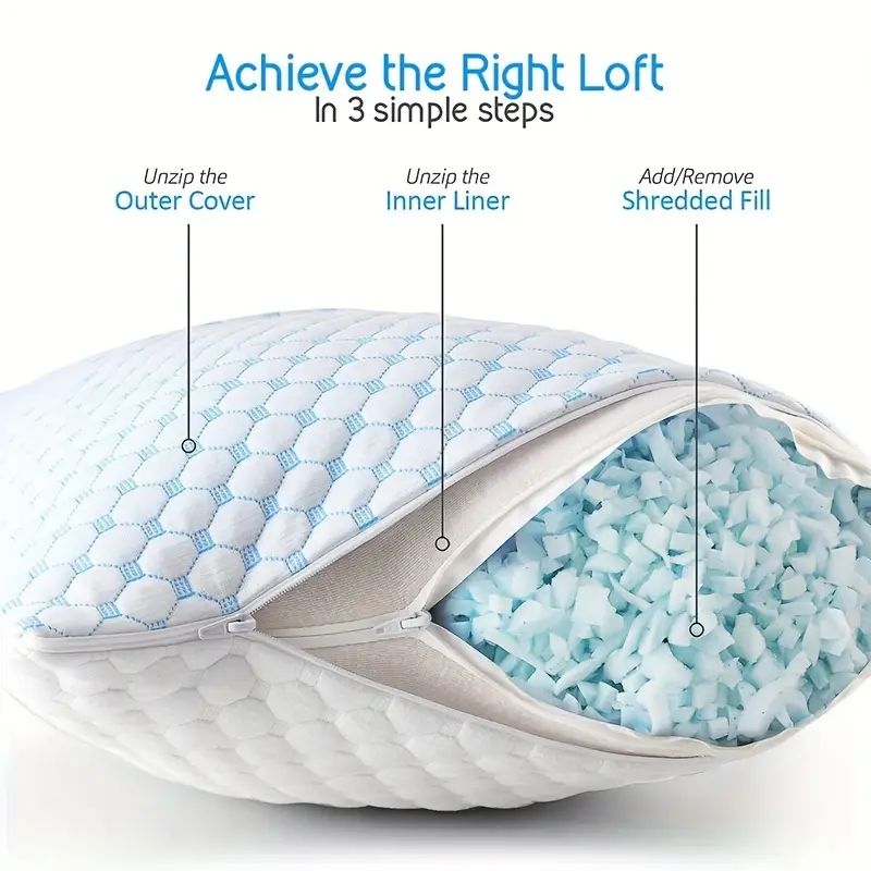 Diagram showing the 3 steps to adjust the loft of a Beckham Hotel Collection shredded memory foam pillow: unzipping outer cover, inner liner, and adding/removing blue shredded fill.