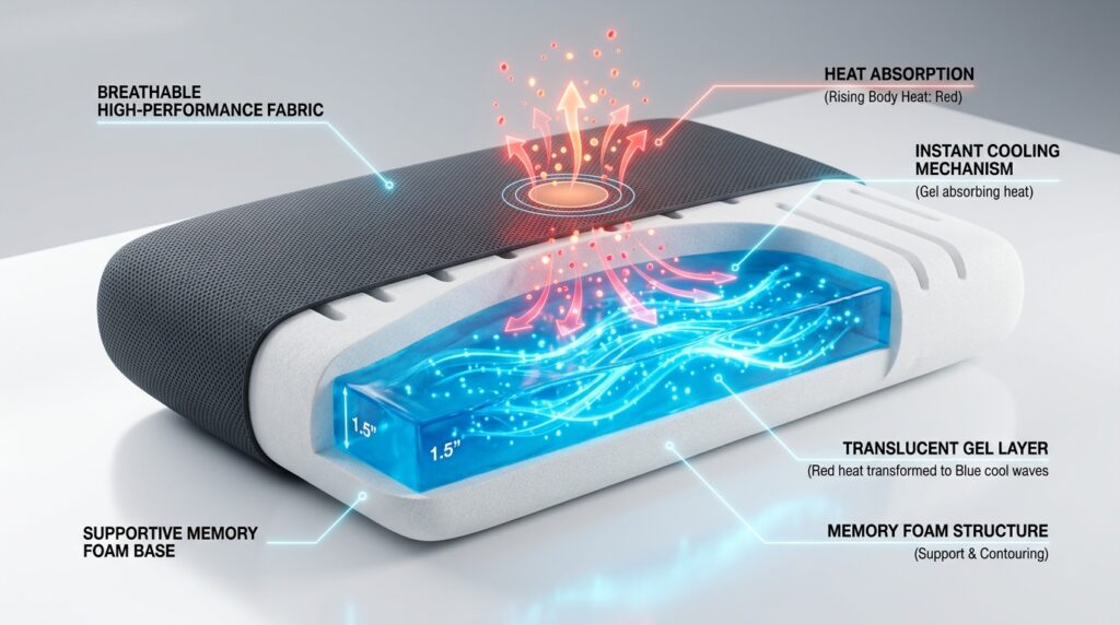 Beckham Hotel Gel Pillow cross-section diagram showing 1.5-inch cooling gel layer and supportive memory foam base