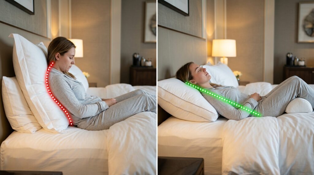 Best Pillow for Back Sleepers - Beckham Hotel Pillows comparison showing correct spinal alignment with knee support versus poor posture