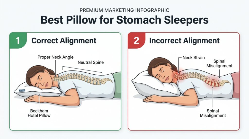 Best Pillow for Stomach Sleepers infographic comparing correct neutral spine alignment with Beckham Hotel Pillow versus incorrect alignment causing neck strain.