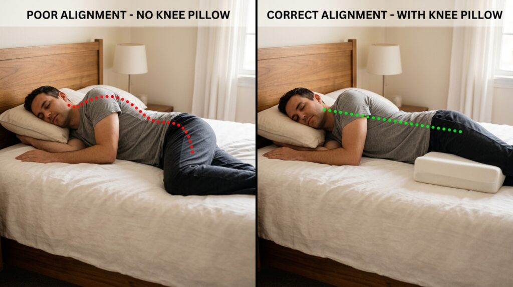 Side sleeper spinal alignment comparison showing poor posture without a knee pillow versus correct straight spine alignment with a knee pillow